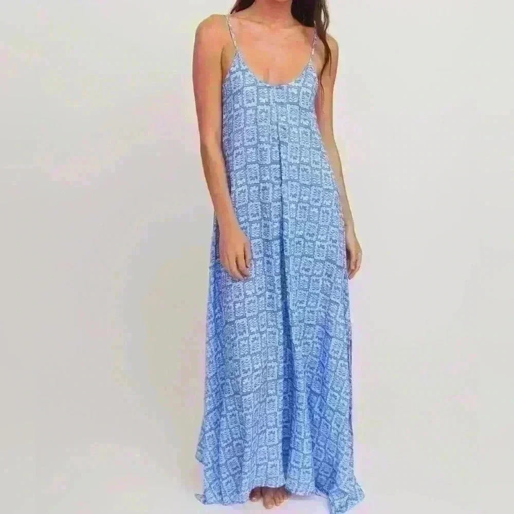 $168 Citrine Swim Leta Dress‎ White Blue Stamp Maxi Large Small Hawaiian Resort